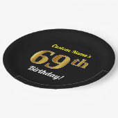 黒、フェイクな金ゴールドの第69誕生日 + 名前をカスタムする ペーパープレート (アングル)