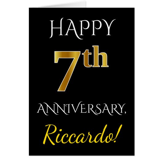 黒、フェイクな金ゴールドの第7結婚記念日 + 名前 (正面)