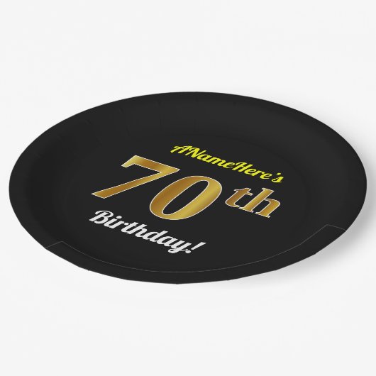 黒、フェイクな金ゴールドの第70誕生日 + 名前をカスタムする ペーパープレート (アングル)