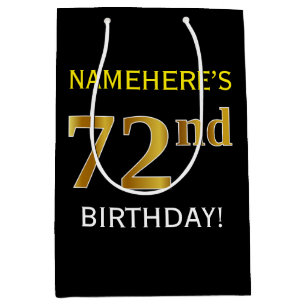 黒、フェイクな金ゴールドの第72誕生日 + 名前をカスタムする ミディアムペーパーバッグ