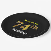 黒、フェイクな金ゴールドの第74誕生日 + 名前をカスタムする ペーパープレート (アングル)