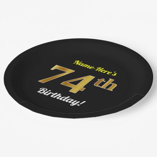 黒、フェイクな金ゴールドの第74誕生日 + 名前をカスタムする ペーパープレート (アングル)