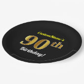 黒、フェイクな金ゴールドの第90誕生日 + 名前をカスタムする ペーパープレート (アングル)