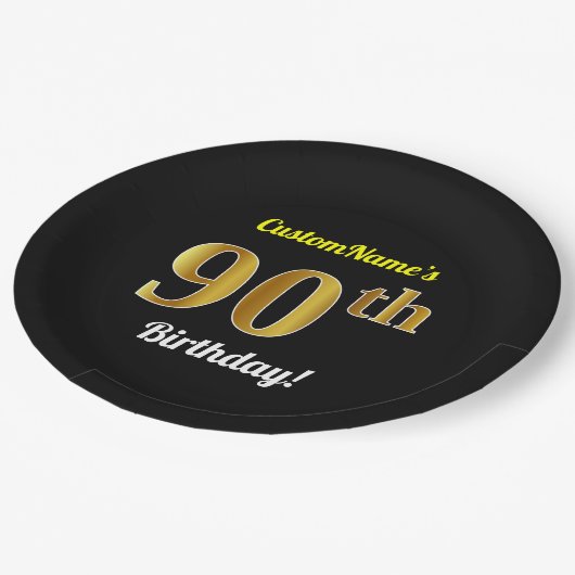 黒、フェイクな金ゴールドの第90誕生日 + 名前をカスタムする ペーパープレート (アングル)