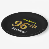 黒、フェイクな金ゴールドの第96誕生日 + 名前をカスタムする ペーパープレート (アングル)