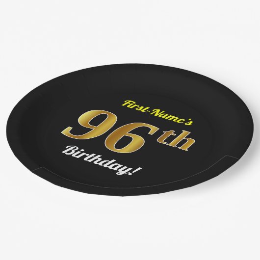 黒、フェイクな金ゴールドの第96誕生日 + 名前をカスタムする ペーパープレート (アングル)