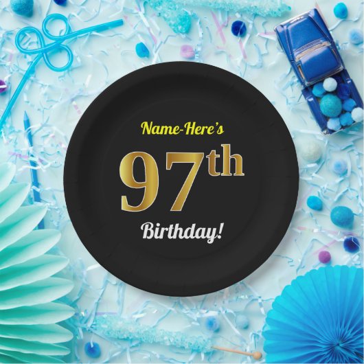 黒、フェイクな金ゴールドの第97誕生日 + 名前をカスタムする ペーパープレート (パーティー)