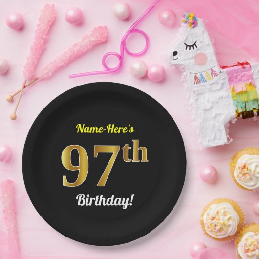 黒、フェイクな金ゴールドの第97誕生日 + 名前をカスタムする ペーパープレート (パーティー)