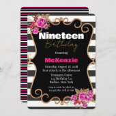 黒 ホット ピンクのバラの女の子の19歳の誕生日パーティー 招待状 (正面/裏面)