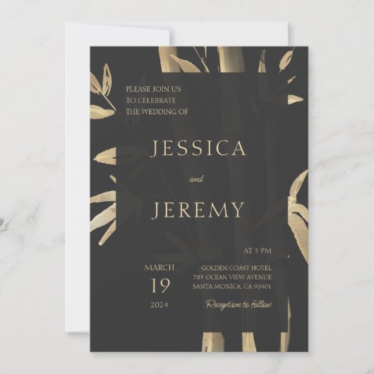 黒 ミニマル 竹 日本 アジア ウェディング 招待状 (正面)