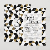 黒、モダン白、およびフェイク金ゴールド三角形 招待状 (正面/裏面)