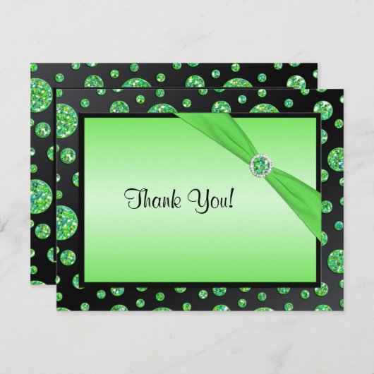 黒、ライムのきらびやかな水玉模様のサンキューカード サンキューカード (正面/裏面)