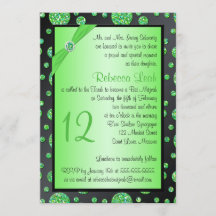 黒、ライムのきらびやかな水玉模様のバルミツワーの招待