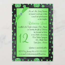 黒、ライムのきらびやかな水玉模様のバルミツワーの招待 招待状