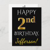 黒、偽の金2歳の誕生日+カスタム名 ポストカード (正面/裏面)