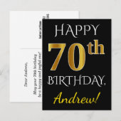 黒、偽の金 70歳の誕生日 + オーダーメイドの名前 ポストカード (正面/裏面)