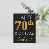 黒、偽の金 70歳の誕生日 + オーダーメイドの名前 ポストカード (スタンド正面)