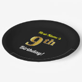 黒、偽の金 9歳の誕生日 + オーダーメイド ネーム ペーパープレート (アングル)