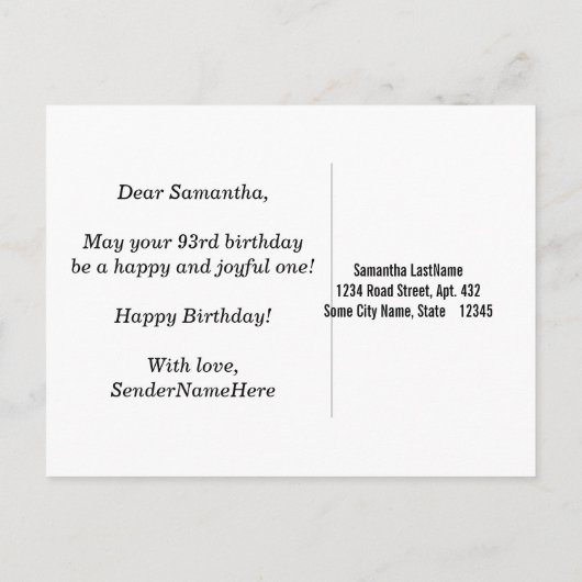 黒、偽の金 93歳の誕生日 + オーダーメイド ネーム ポストカード (裏面)