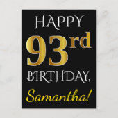 黒、偽の金 93歳の誕生日 + オーダーメイド ネーム ポストカード (正面)