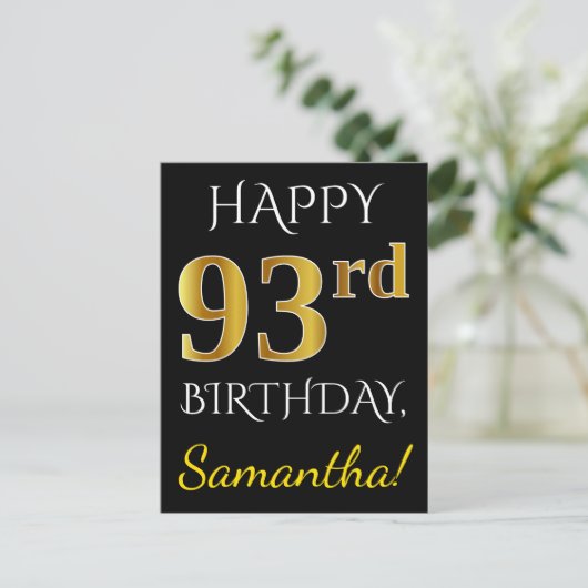 黒、偽の金 93歳の誕生日 + オーダーメイド ネーム ポストカード (スタンド正面)
