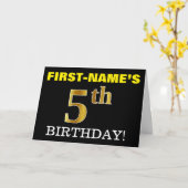 黒、模造金ゴールド「第5誕生日」カード カード (黄色い花)