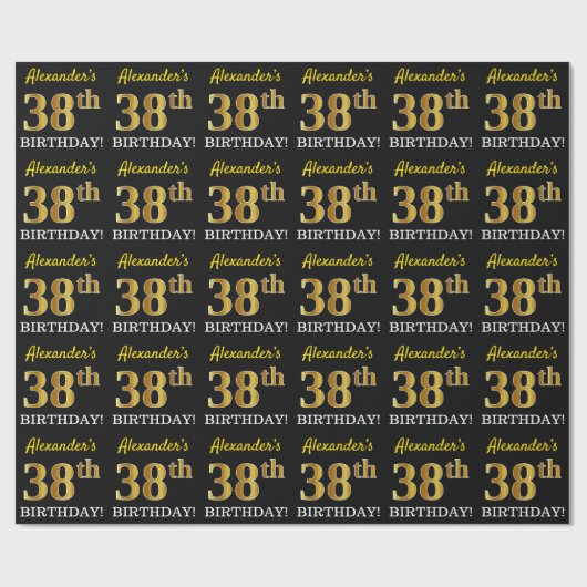 黒、模造金ゴールド「38誕生日」 ラッピングペーパー (フラット)