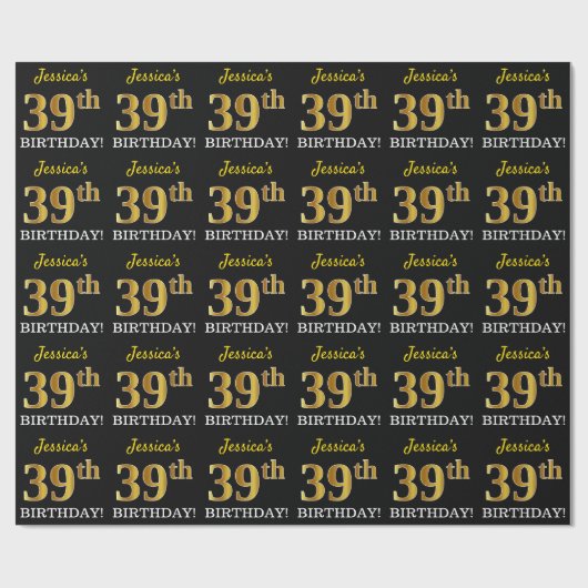 黒、模造金ゴールド「39誕生日」 ラッピングペーパー (フラット)