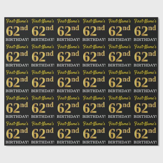 黒、模造金ゴールド「62番目の誕生日」 ラッピングペーパー (フラット)
