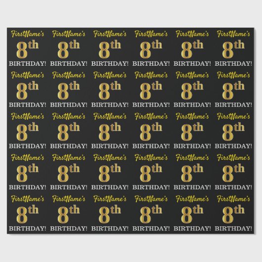 黒、模造金「8歳の誕生日」 ラッピングペーパー (フラット)