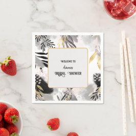 黒、灰色、金ゴールドの葉のシャワー スタンダードカクテルナプキン