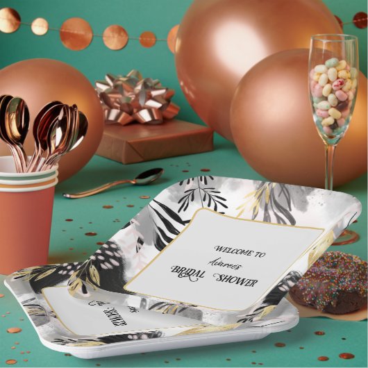 黒、灰色、金ゴールドの葉のシャワー ペーパープレート (複数)