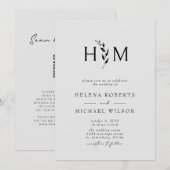 黒 灰色 QRコード 返信 植物 モノグラム 結婚式 招待状 (正面/裏面)