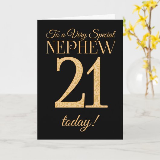 黒、甥の誕生日の上品の第21金ゴールド効果 カード (黄色い花)