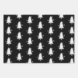 黒、白いクリスマス、木、雪の結晶の休日 ラッピングペーパーシート