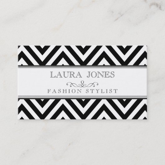 黒 + 白いシェブロンのファッションのスタイリストのテンプレート 名刺 (正面)