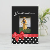 黒 + 白い点及び赤い弓写真の卒業 招待状 (スタンド正面)