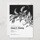 黒、白い花、タイポグラフィ婚約パーティ 招待状 (正面)