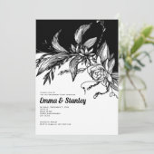 黒、白い花、タイポグラフィ婚約パーティ 招待状 (スタンド正面)