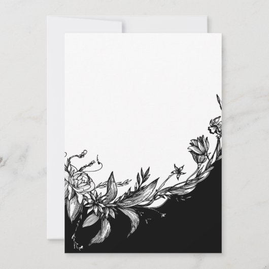 黒、白い花、タイポグラフィ婚約パーティ 招待状 (裏面)