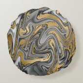 黒、白および金ゴールドマーブル油スリック抽象芸術 ラウンドクッション (裏面)