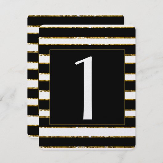 黒、白とゴールドのグリッター ウェディング テーブル ナンバー 招待状 (正面/裏面)
