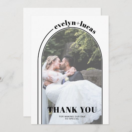 黒、白のアーチとタイポグラフィの写真結婚の サンキューカード (正面/裏面)