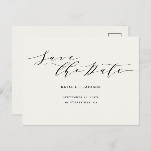 黒+白のエレガントな結婚式の日付を保存 ポストカード (正面/裏面)