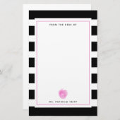 黒 + 白のストライプなピンクのAppleの先生 便箋 (正面/裏面)