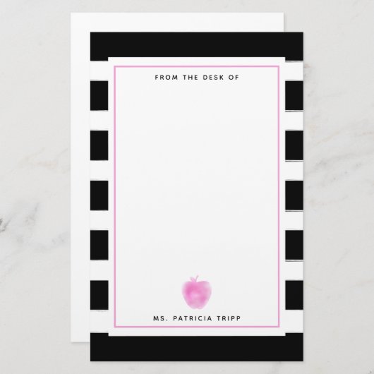 黒 + 白のストライプなピンクのAppleの先生 便箋 (正面/裏面)