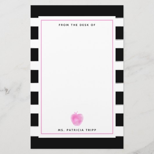 黒 + 白のストライプなピンクのAppleの先生 便箋 (正面)