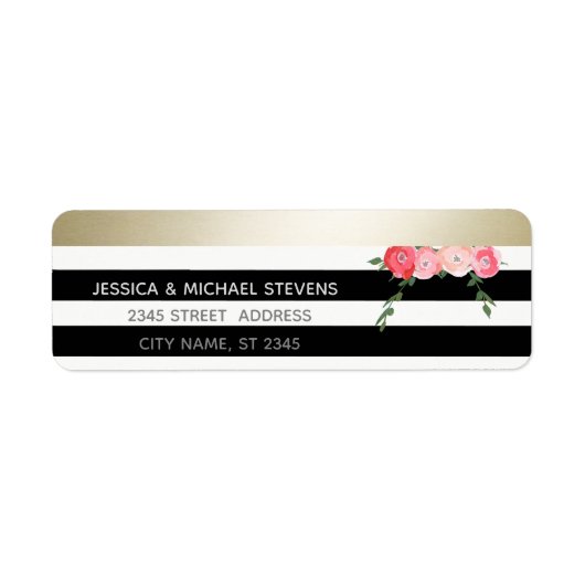 黒/白のストライプ金ゴールド水の色ロマンチックバラ ラベル (正面)