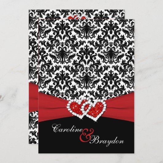 黒、白のダマスク、参加ハート結婚式の招待 招待状 (正面/裏面)