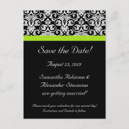 黒/白のダマスクChartreuse Green日付を保存 案内ポストカード